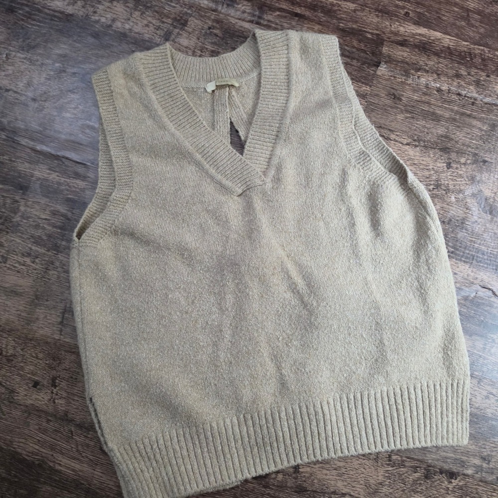 Open Back Tie Knit Vest Women Medium Tan Oatmeal Sleeveless Sweater